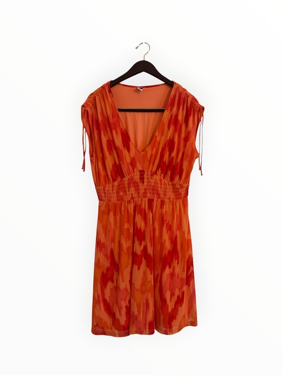 Old Navy Dresses & Skirts - Old Navy Vivid Orange Red Patterned V-Neck Dress Size L Stretchy Mesh Fabric